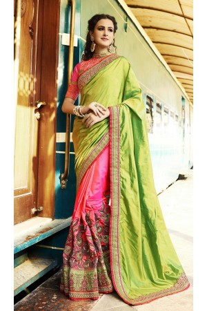 Pink and green crepe and silk wedding wear saree