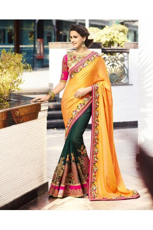 Yellow and bottle green crepe silk and georgette wedding wear saree