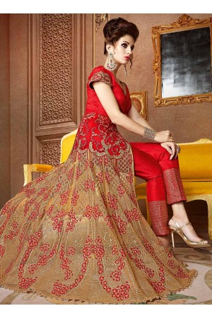 Red and beige banarasi silk and net wedding wear anarkali