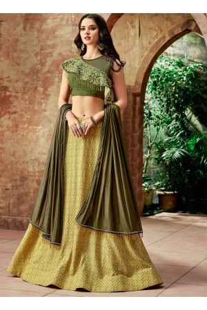 Indian wedding yellow and olivegreen silk wedding lehenga 7708