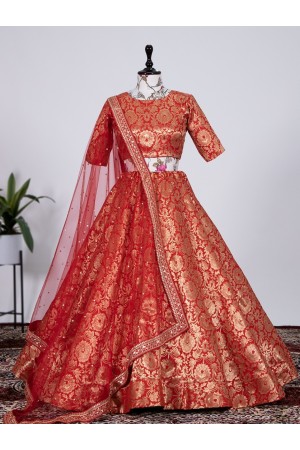 Bollywood Model Orange jacquard silk wedding lehenga choli