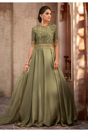 Green silk embroidered abaya style anarkali suit 75004