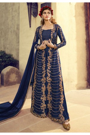 Navy blue silk embroidered designer suit with jacket 5503B