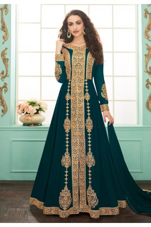 Teal blue georgette long anarkali suit 7075