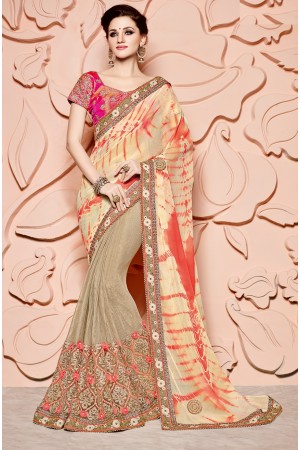 Beige and red silk viscous wedding wear saree