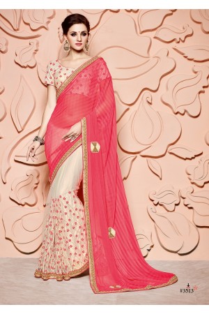 Pink and off white chiffon wedding wear saree