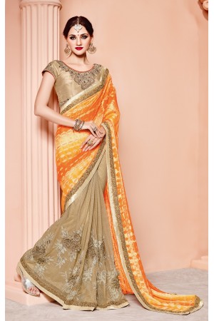 Orange and beige silk viscous wedding wear saree