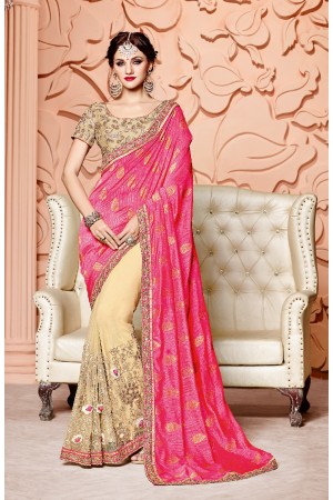 Pink and cream silk and net wedding wear saree