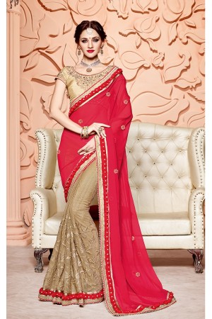 Red and beige fusion chiffon wedding wear saree