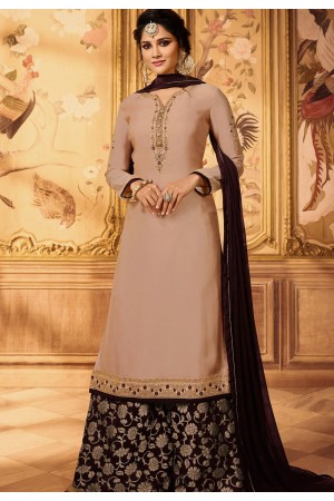 beige embroidered satin georgette sharara style pakistani suit 15605