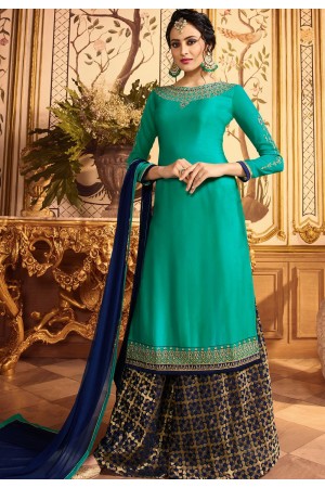 blue embroidered satin georgette sharara style pakistani suit 15601