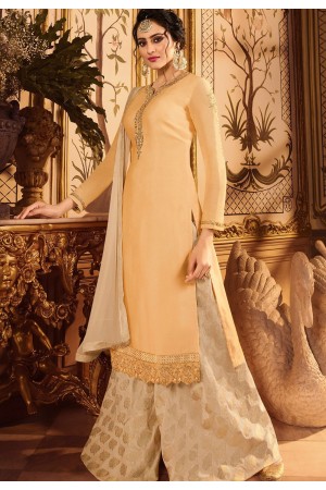 cream embroidered satin georgette sharara style pakistani suit 15602