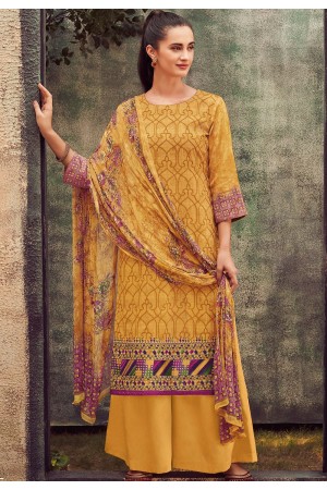 mustard cotton satin embroidered daman work and digital printed palazzo suit 9035