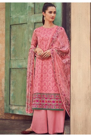 pink cotton satin embroidered daman work and digital printed palazzo suit 9040
