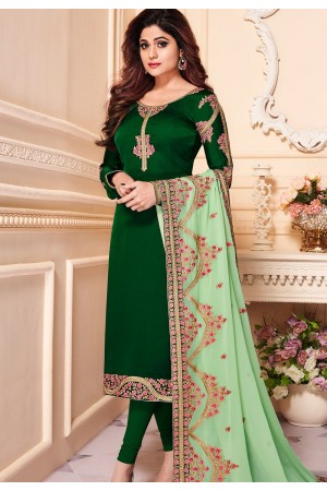 shamita shetty dark green georgette embroidered churidar suit 8142
