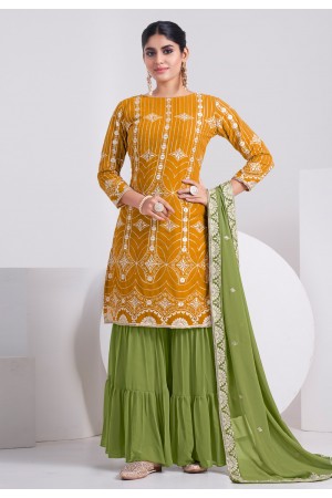 Faux georgette sharara suit in Mustard colour 6104