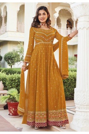 Georgette long Anarkali suit in Mustard colour 1013