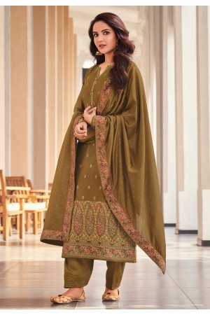Jacquard pant style suit in Mehndi colour 17023