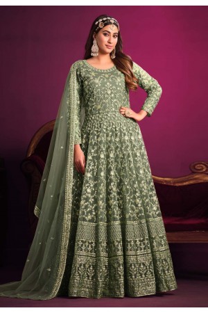 Net embroidered abaya style Anarkali suit in Green colour 5302