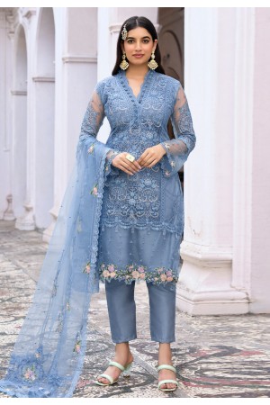 Net embroidered pakistani suit in Sky blue colour 2012