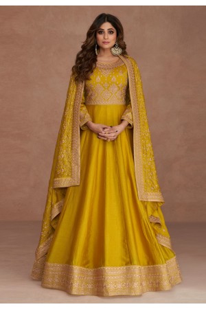 Shamita shetty Silk abaya style Anarkali suit in mustard colour 9519