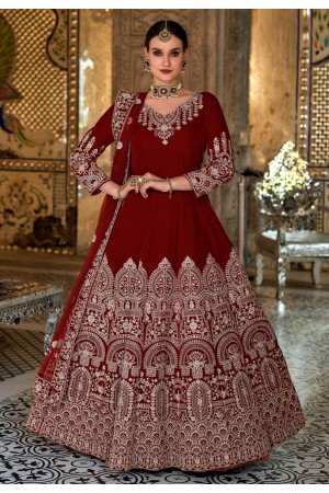 Velvet long Anarkali suit in Maroon colour 2042A