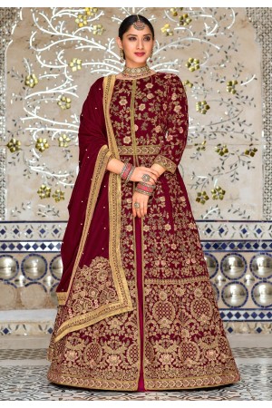 Velvet long Anarkali suit in Maroon colour 2044A