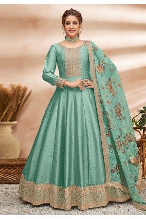 Sea green art silk abaya style anarkali suit 4803