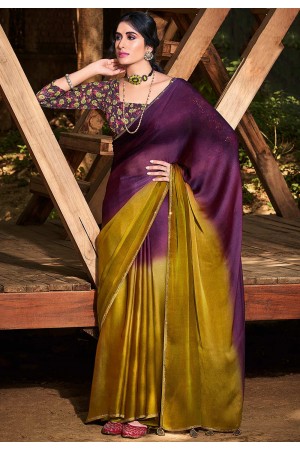 Ombre chiffon saree in dark purple and mustard