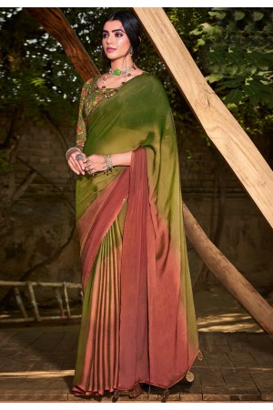 Ombre chiffon saree in Olive green and peach