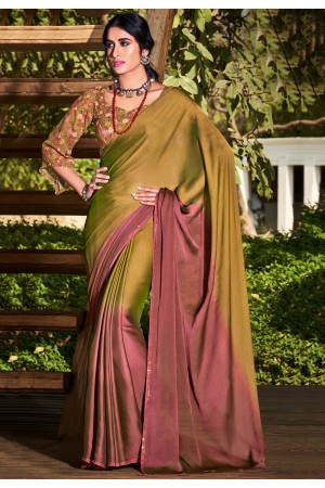 Ombre chiffon saree in Olive green and pink