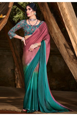 Ombre chiffon saree in Pink and teal blue color