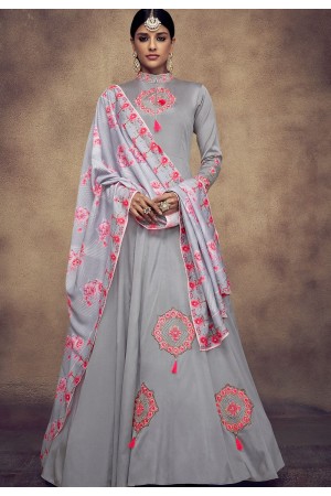 grey tapeta and satin silk embroidered readymade anarkali gown 39016