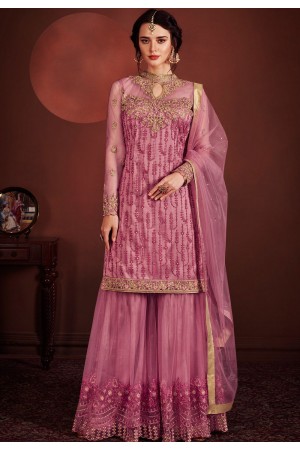 pink net embroidered sharara style pakistani suit 8148