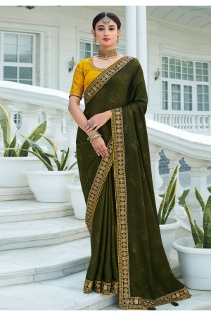 Camo green satin chiffon saree with blouse 1107