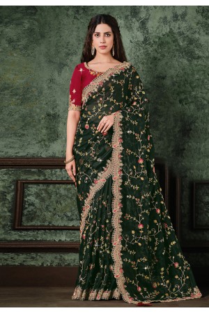 Green organza festival wear saree 22012