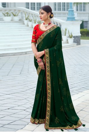 Green satin chiffon saree with blouse 1111