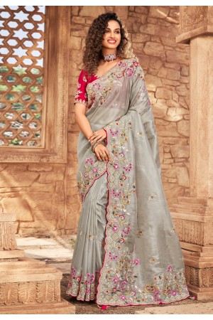 Grey net festival wear saree 1601