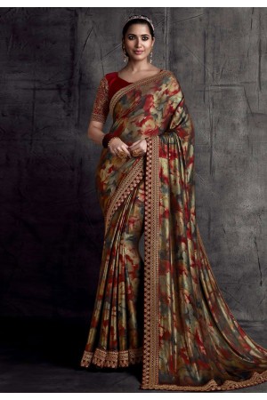 Maroon satin saree with blouse 8309