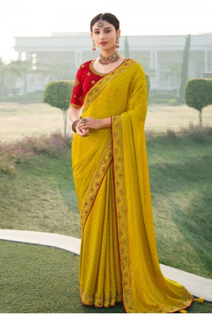 Mustard satin chiffon festival wear saree 1102