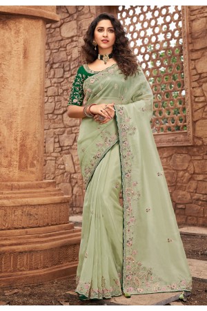 Pista green net saree with blouse 1608