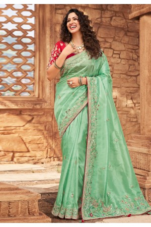 Sea green net saree with blouse 1604
