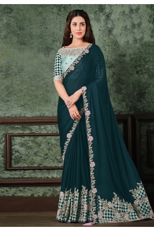Teal silk georgette saree with blouse 22017