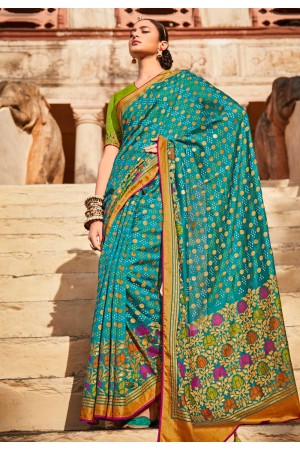 Turquoise silk festival wear saree 15088