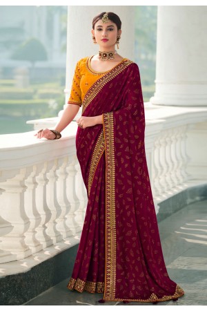 Wine satin chiffon festival wear saree 1106