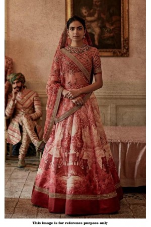 Bollywood Sabyasachi Mukherjee Inspired Digital Red silk wedding lehenga