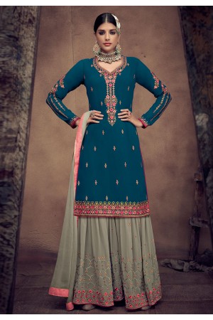 Blue georgette embroidered sharara suit 8012