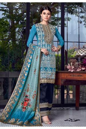 Blue silk embroidered kameez with palazzo 8003