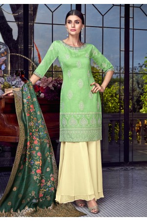 Light green silk embroidered sharara suit 8007