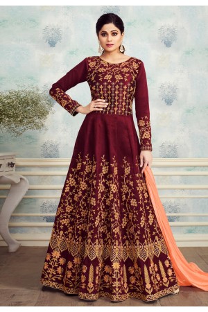 Shamita shetty maroon silk embroidered abaya style anarkali suit 8255